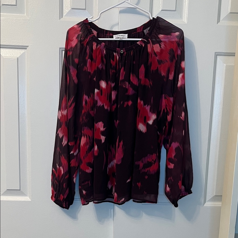 NWOT Calvin Klein‎ Printed Long Sleeve Red Chiffon Floral Blouse Size L